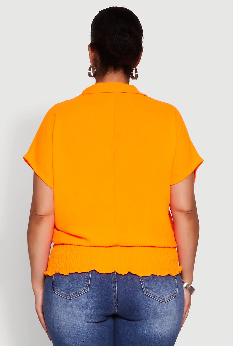 Womens Plus Smocked Hem Button Front Top,