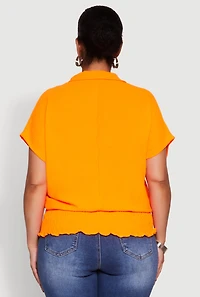 Womens Plus Smocked Hem Button Front Top,