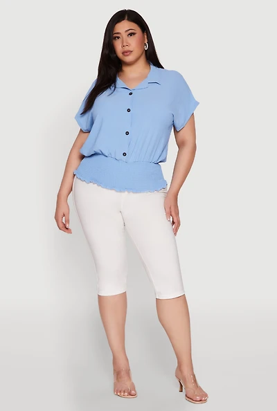 Womens Plus Smocked Hem Button Front Top,