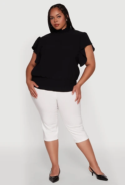 Plus Chic Crepe Knit Flutter Sleeves Mock Neck Blouse