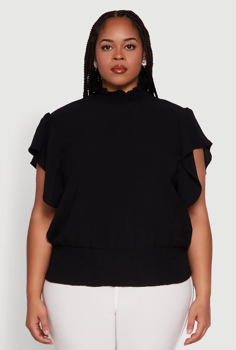 Womens Plus Chic Crepe Knit Flutter Sleeves Mock Neck Blouse,