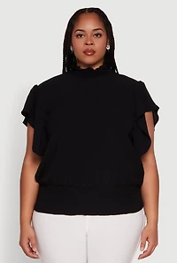 Womens Plus Chic Crepe Knit Flutter Sleeves Mock Neck Blouse,