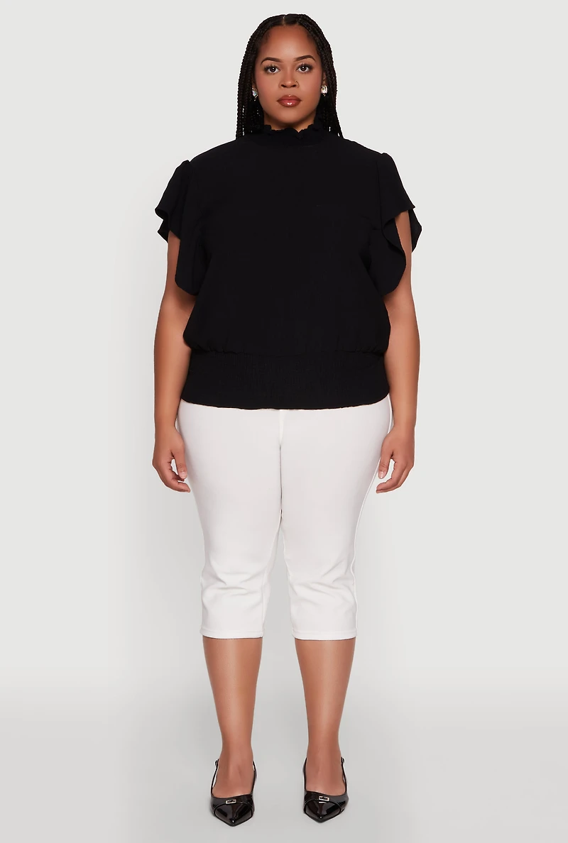 Womens Plus Chic Crepe Knit Flutter Sleeves Mock Neck Blouse,