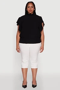 Womens Plus Chic Crepe Knit Flutter Sleeves Mock Neck Blouse,