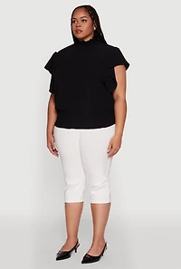 Womens Plus Chic Crepe Knit Flutter Sleeves Mock Neck Blouse,
