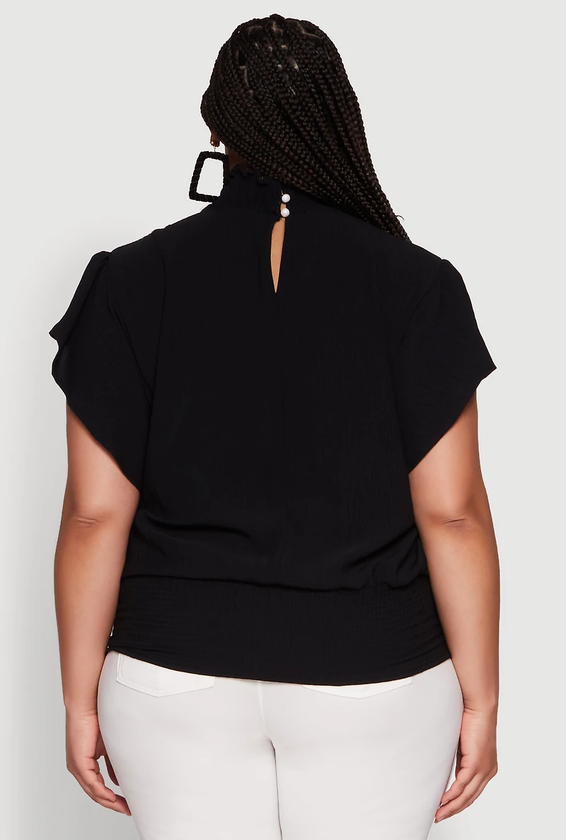 Womens Plus Chic Crepe Knit Flutter Sleeves Mock Neck Blouse,