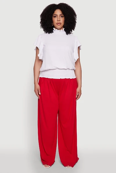 Plus Chic Crepe Knit Flutter Sleeves Mock Neck Blouse