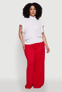 Womens Plus Size Chic Crepe Knit Flutter Sleeves Mock Neck Blouse, White, Size 3X