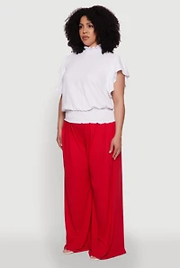 Womens Plus Size Chic Crepe Knit Flutter Sleeves Mock Neck Blouse, White, Size 3X