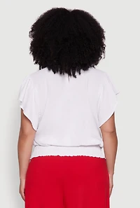 Womens Plus Size Chic Crepe Knit Flutter Sleeves Mock Neck Blouse, White, Size 3X