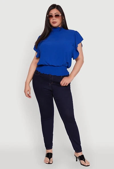 Womens Plus Chic Crepe Knit Flutter Sleeves Mock Neck Blouse,