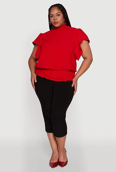 Womens Plus Chic Crepe Knit Flutter Sleeves Mock Neck Blouse,