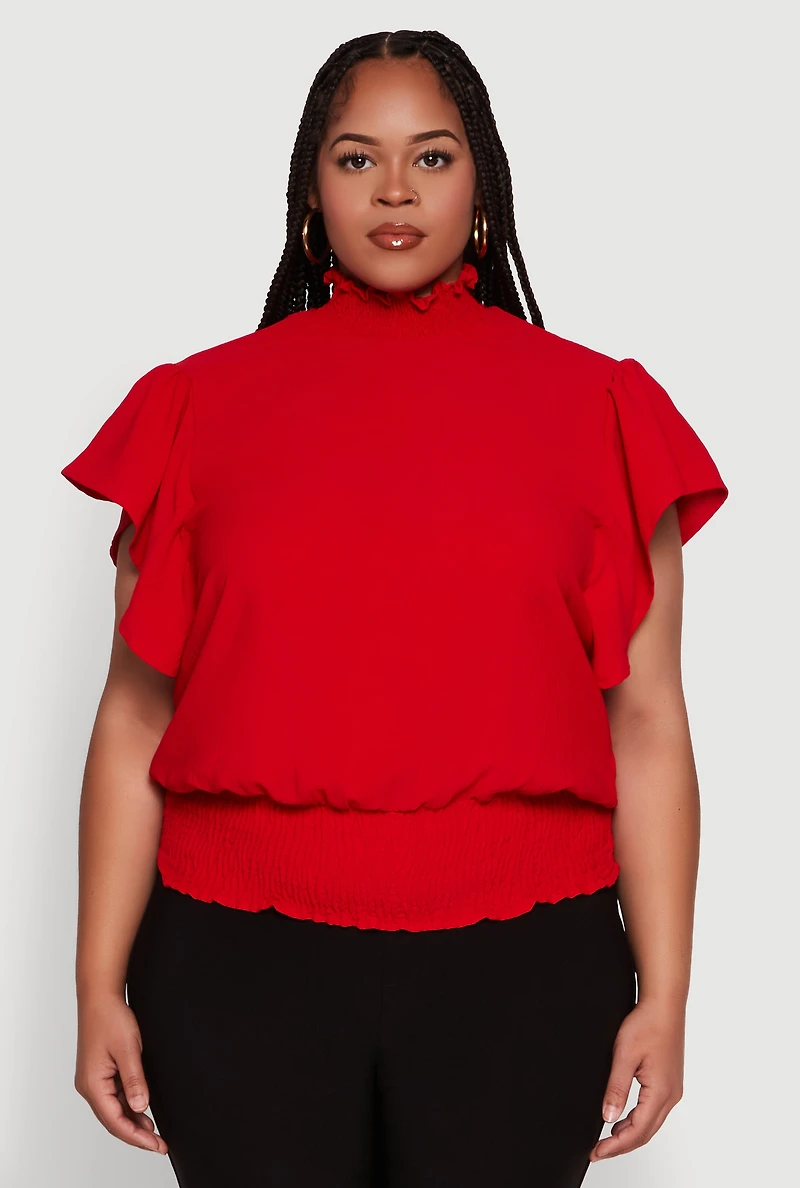 Womens Plus Size Chic Crepe Knit Flutter Sleeves Mock Neck Blouse, Red, Size 2X