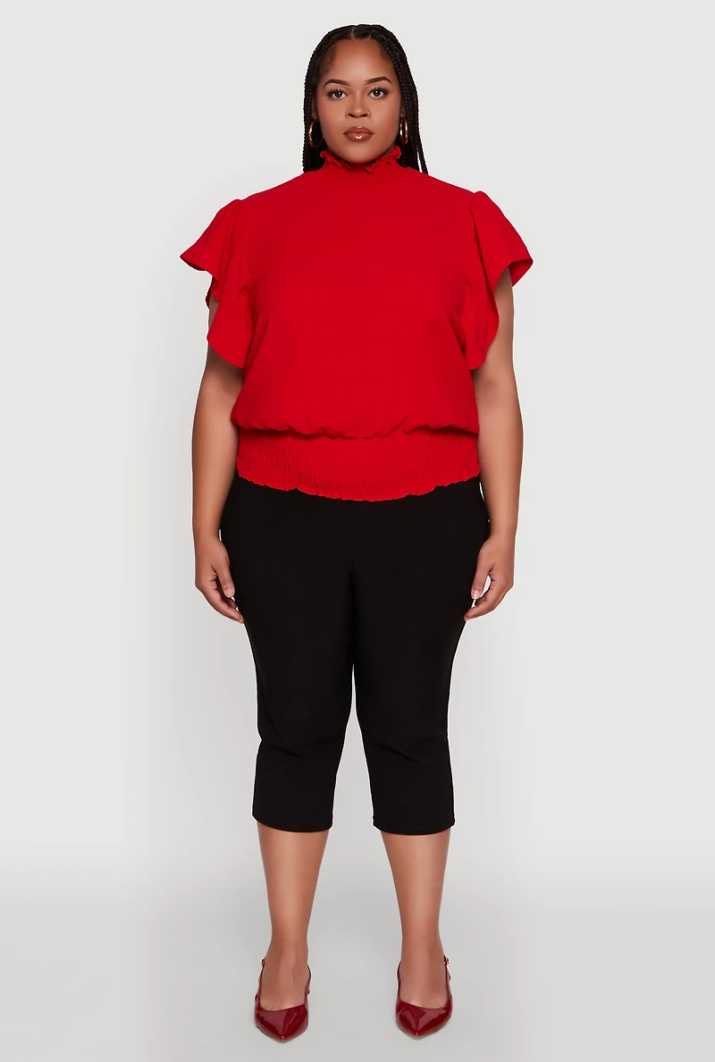 Womens Plus Size Chic Crepe Knit Flutter Sleeves Mock Neck Blouse, Red, Size 2X