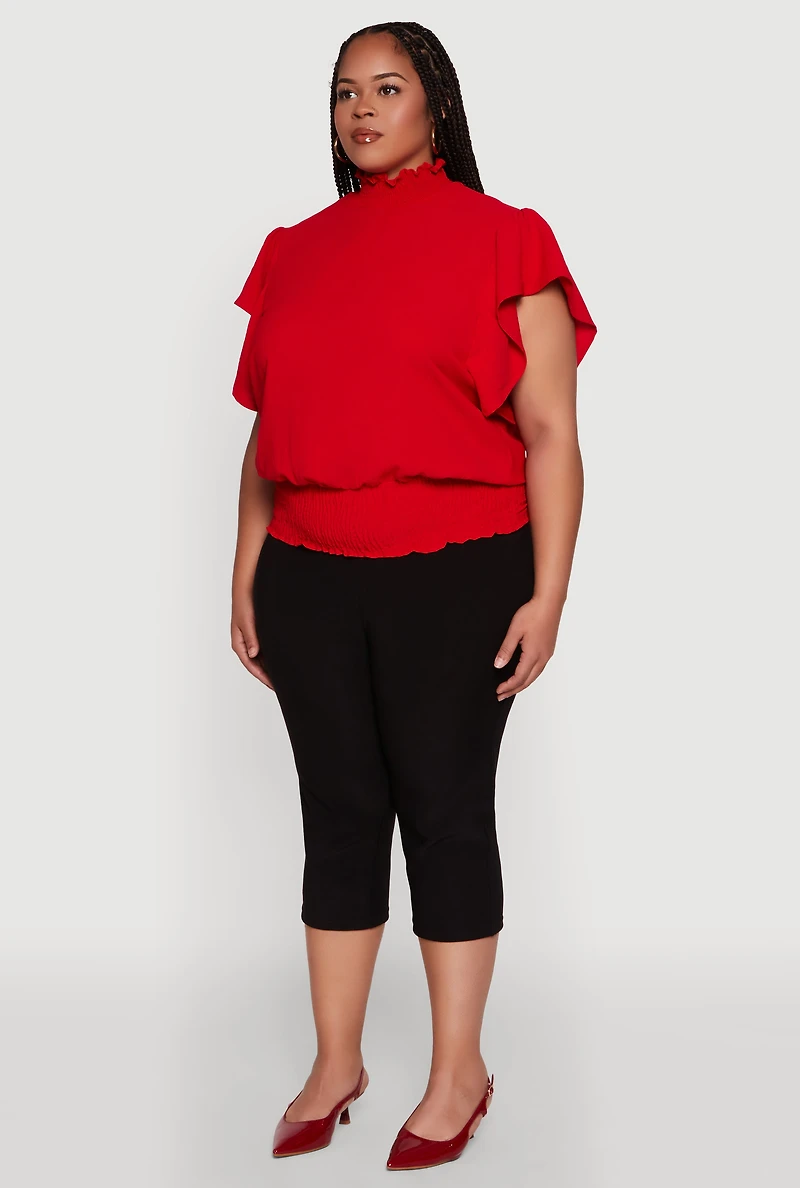 Womens Plus Size Chic Crepe Knit Flutter Sleeves Mock Neck Blouse, Red, Size 2X