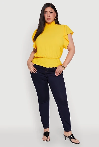 Womens Plus Size Chic Crepe Knit Flutter Sleeves Mock Neck Blouse, Yellow, Size 2X