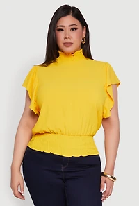 Womens Plus Size Chic Crepe Knit Flutter Sleeves Mock Neck Blouse, Yellow, Size 2X