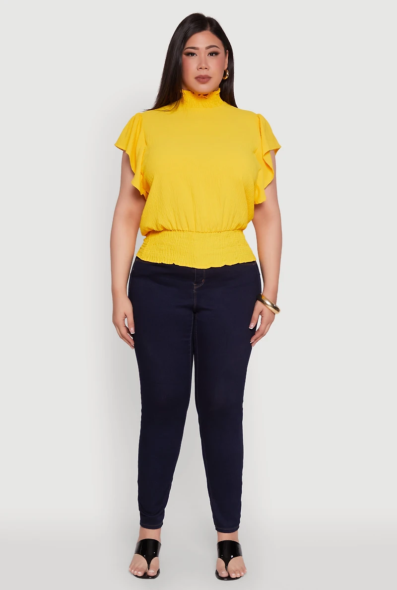 Womens Plus Size Chic Crepe Knit Flutter Sleeves Mock Neck Blouse, Yellow, Size 2X