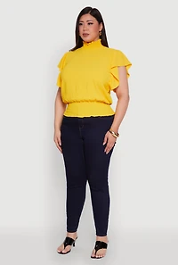Womens Plus Size Chic Crepe Knit Flutter Sleeves Mock Neck Blouse, Yellow, Size 2X