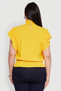 Womens Plus Size Chic Crepe Knit Flutter Sleeves Mock Neck Blouse, Yellow, Size 2X