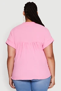 Womens Plus Chic Crepe Knit Side Slit Blouse, Pink,