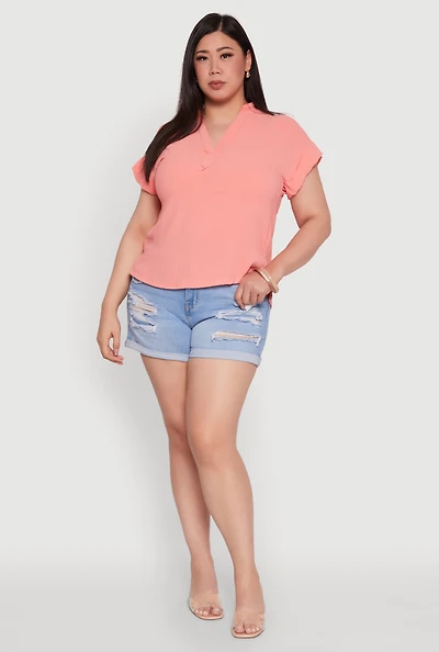 Womens Plus Chic Crepe Knit Side Slit Blouse, Pink,
