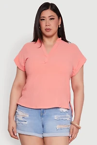 Womens Plus Chic Crepe Knit Side Slit Blouse, Pink,