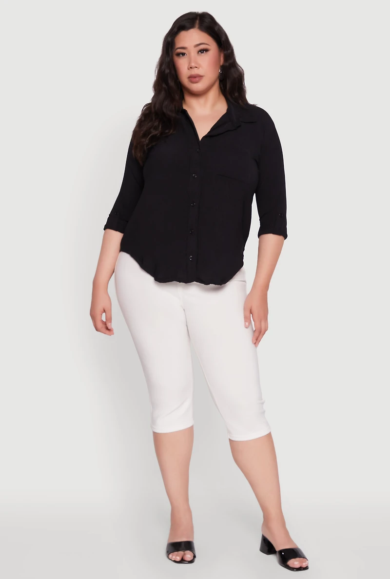 Womens Plus Crepe Knit Classic Long Sleeve Shirt,