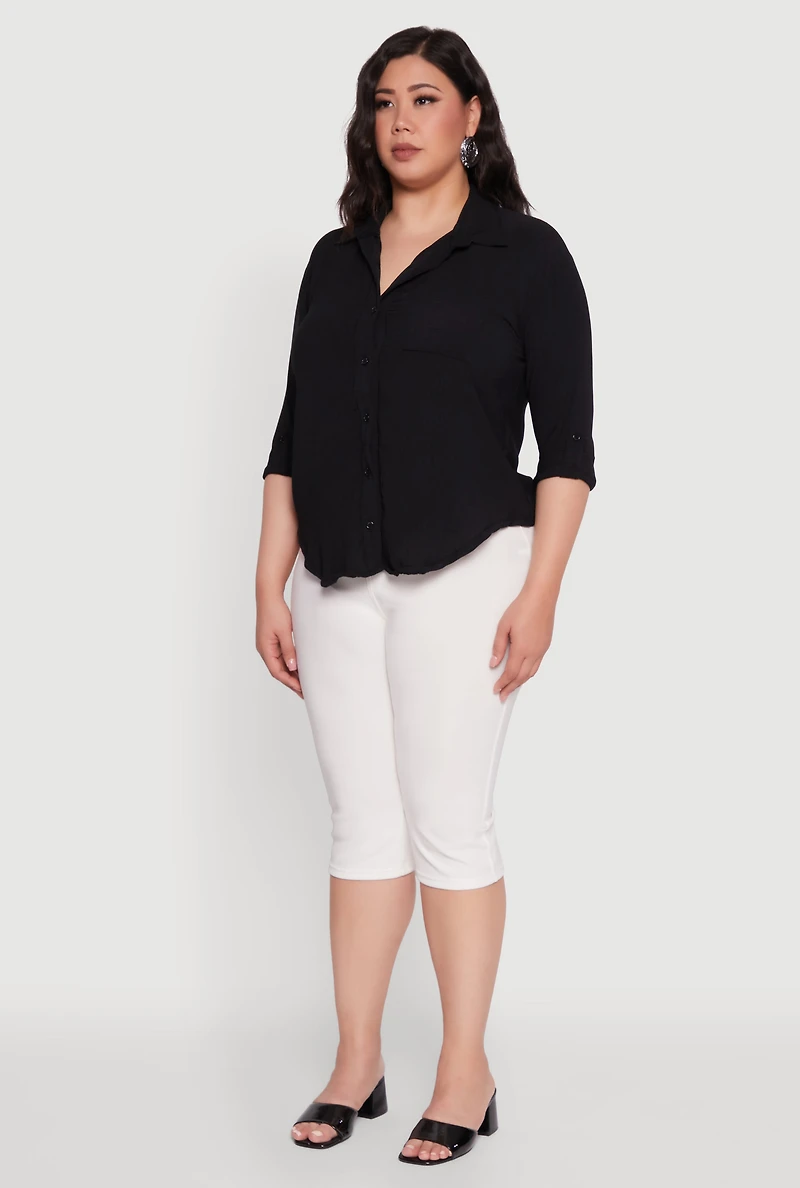 Womens Plus Crepe Knit Classic Long Sleeve Shirt, 3X