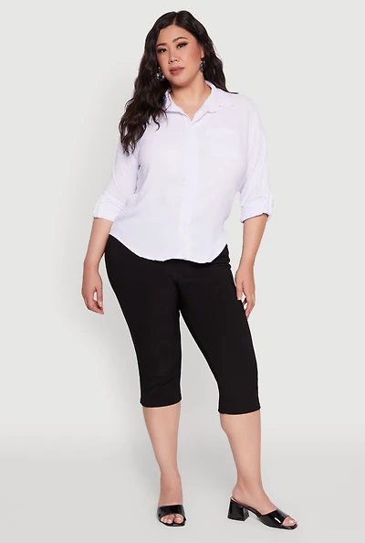 Womens Plus Size Crepe Knit Classic Long Sleeve Shirt, White, Size 2X