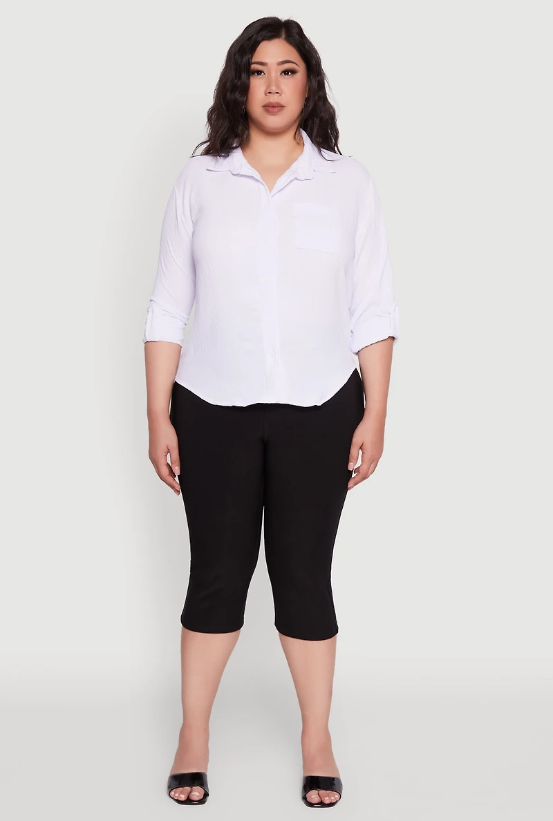 Womens Plus Size Crepe Knit Classic Long Sleeve Shirt, White, Size 4X