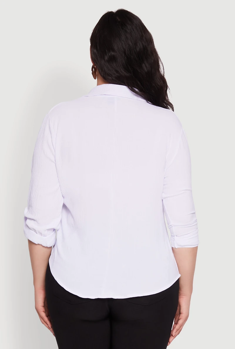 Womens Plus Size Crepe Knit Classic Long Sleeve Shirt, White, Size 4X