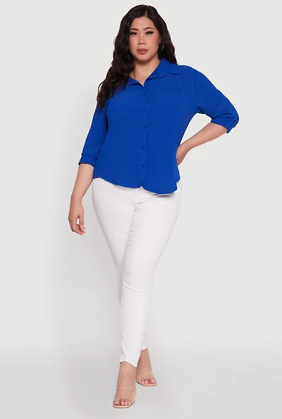 Womens Plus Crepe Knit Classic Long Sleeve Shirt,