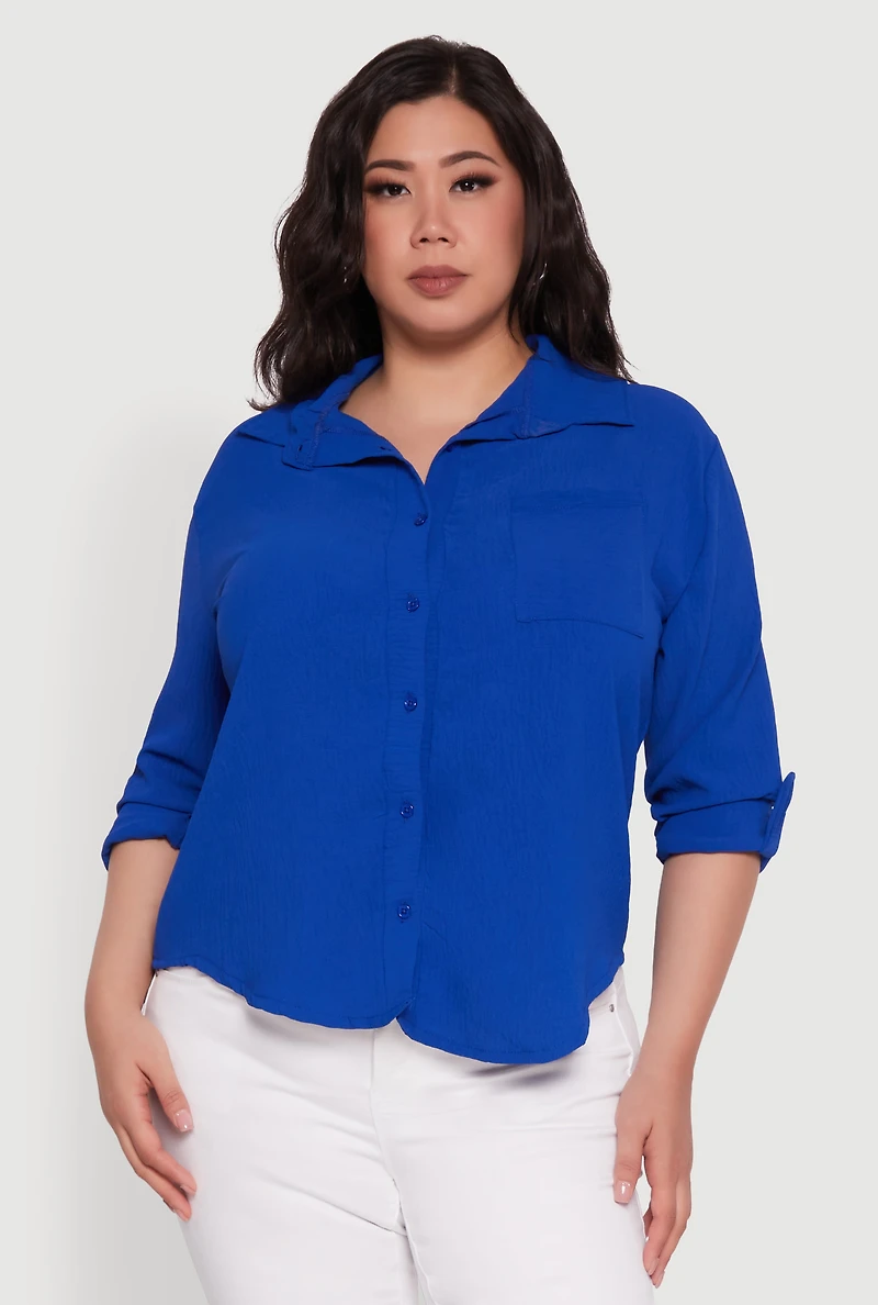 Womens Plus Crepe Knit Classic Long Sleeve Shirt,