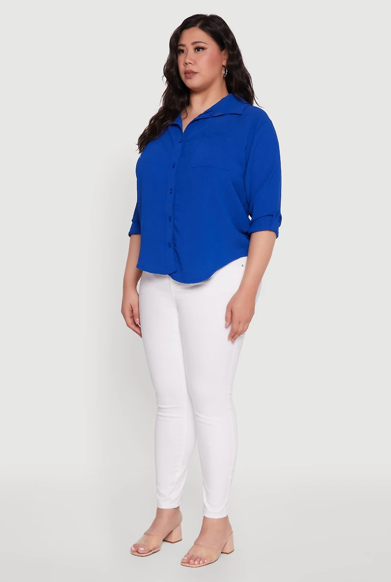 Womens Plus Crepe Knit Classic Long Sleeve Shirt,