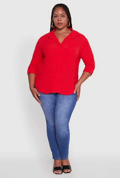 Womens Plus Crepe Knit Classic Long Sleeve Shirt,