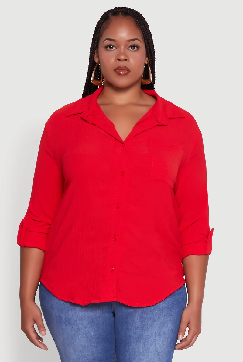 Womens Plus Size Crepe Knit Classic Long Sleeve Shirt, Red, Size 2X