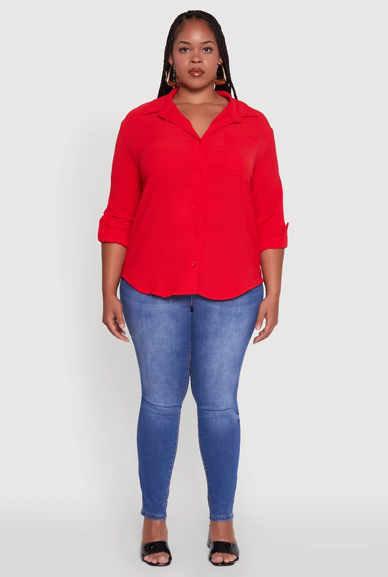 Womens Plus Size Crepe Knit Classic Long Sleeve Shirt, Red, Size 2X
