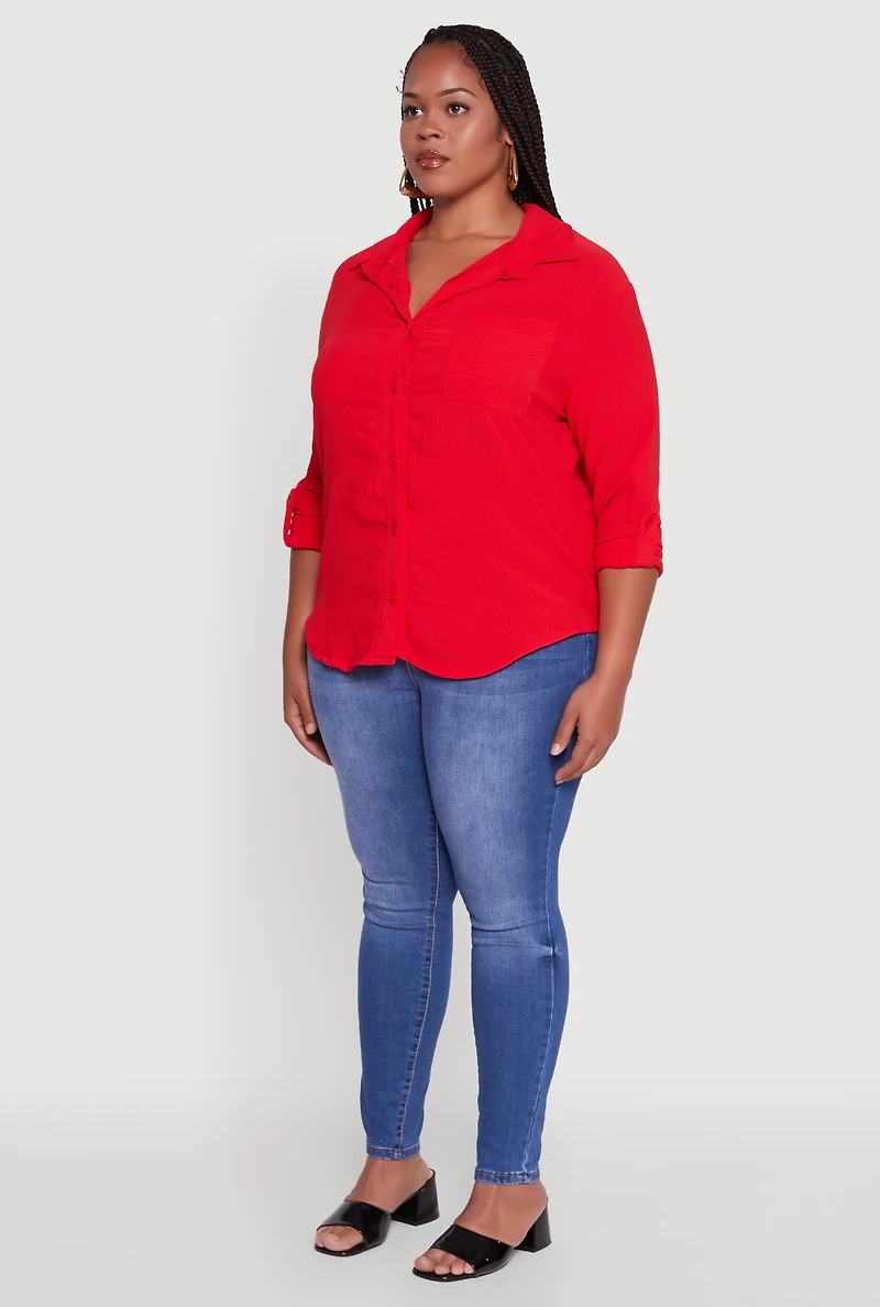 Womens Plus Size Crepe Knit Classic Long Sleeve Shirt, Red, Size 2X