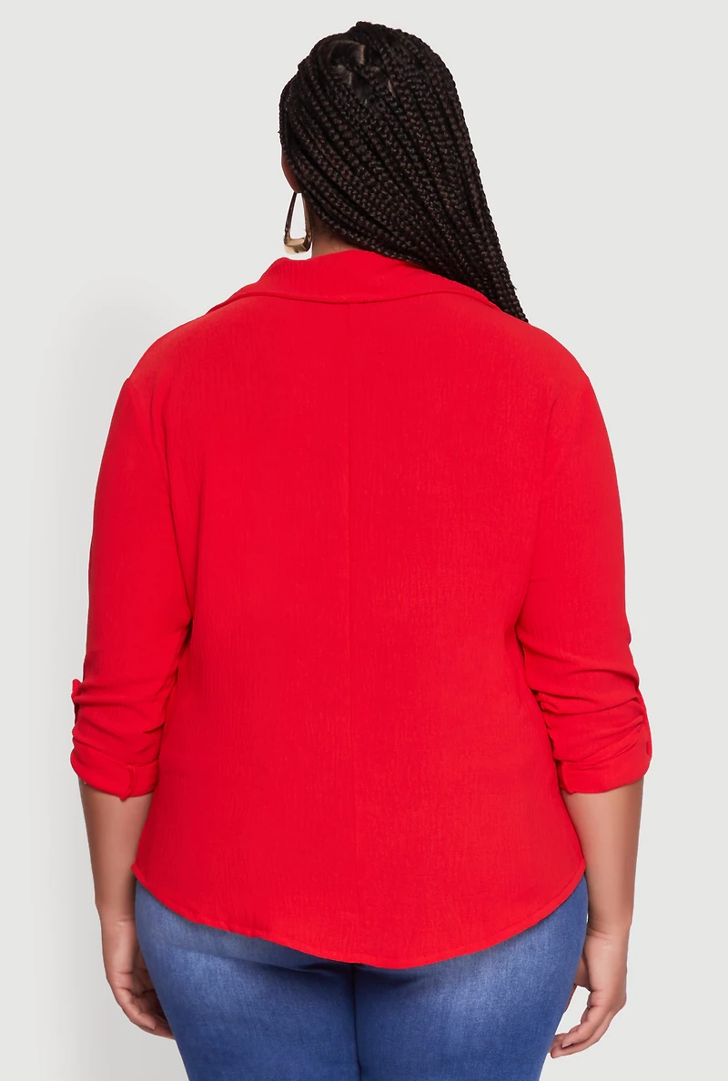 Womens Plus Size Crepe Knit Classic Long Sleeve Shirt, Red, Size 2X