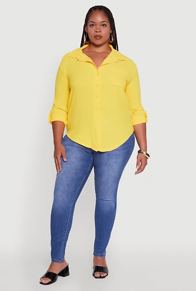 Womens Plus Crepe Knit Classic Long Sleeve Shirt, Yellow,