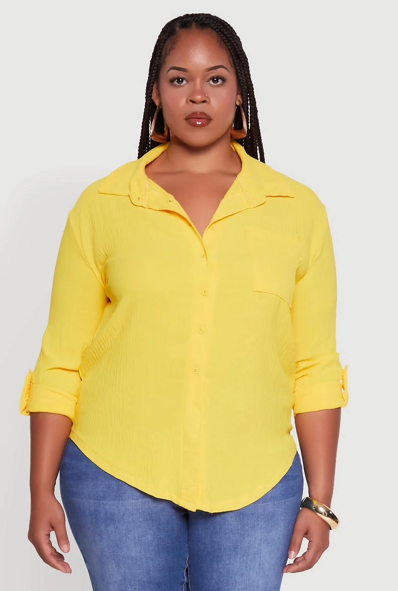 Womens Plus Crepe Knit Classic Long Sleeve Shirt, Yellow,