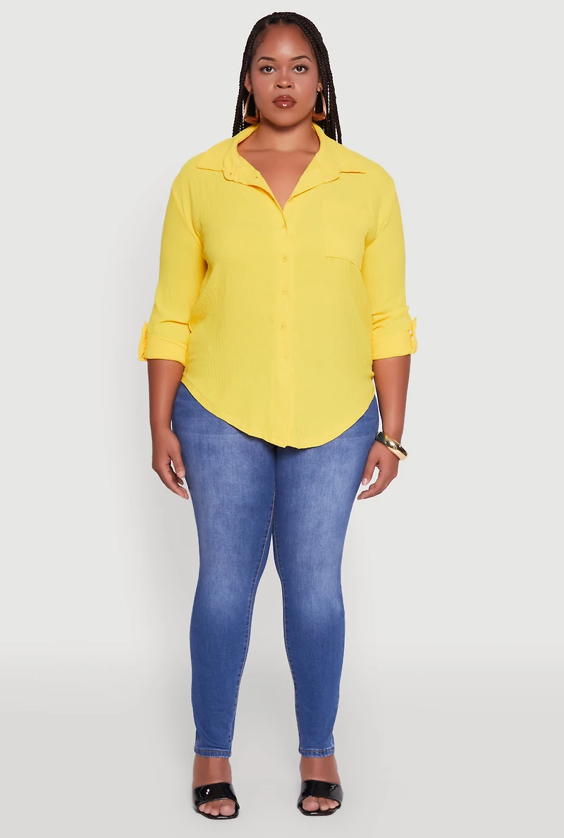 Womens Plus Crepe Knit Classic Long Sleeve Shirt, Yellow,