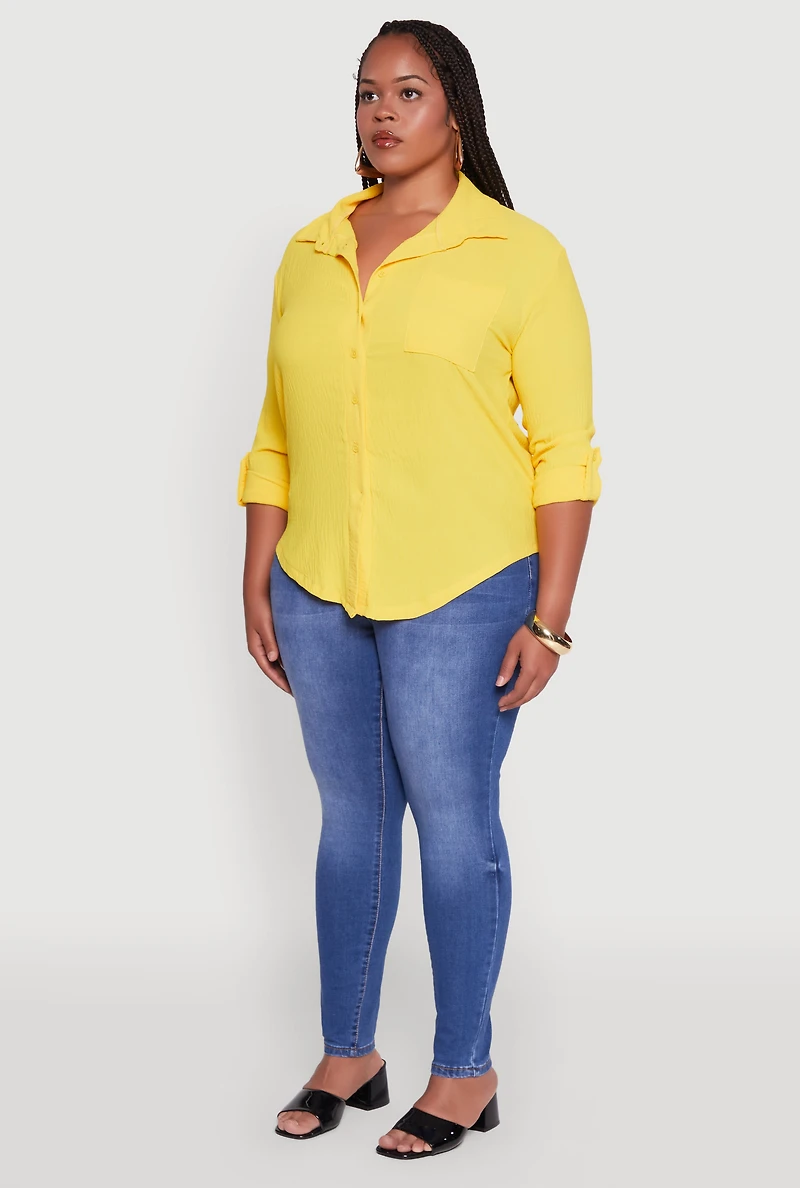 Womens Plus Crepe Knit Classic Long Sleeve Shirt, Yellow,
