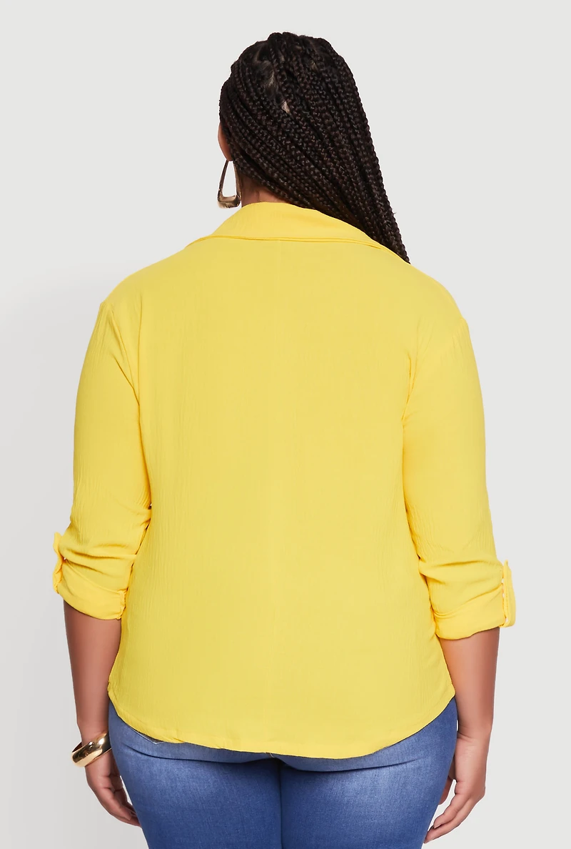 Womens Plus Crepe Knit Classic Long Sleeve Shirt, Yellow,