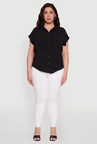 Womens Plus Crepe Knit Smocked Side Detail Shirt, 1X