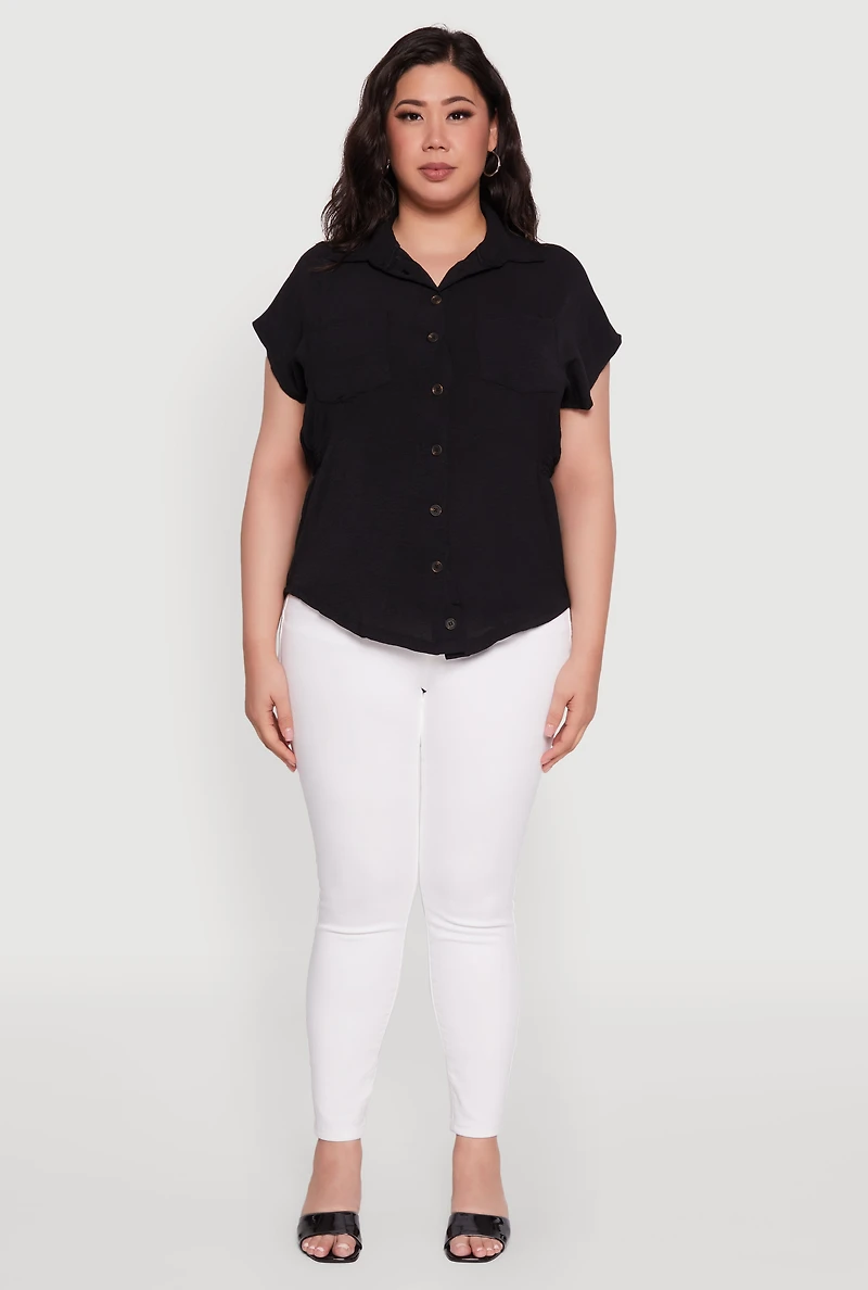 Womens Plus Size Crepe Knit Smocked Side Detail Shirt, Black, Size 4X