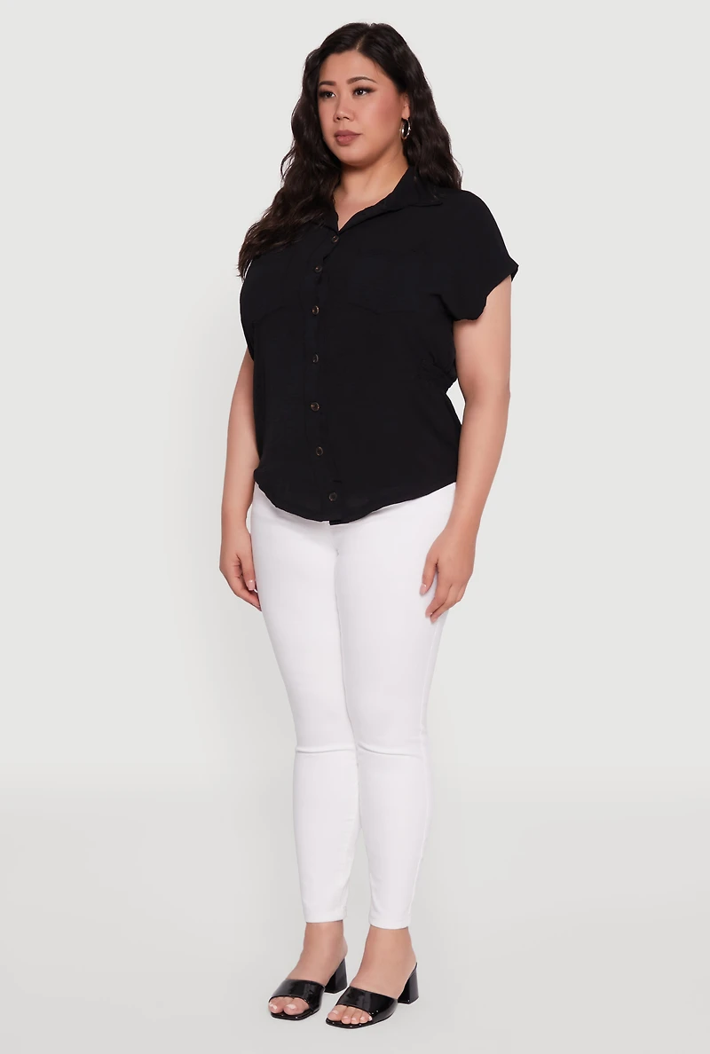 Womens Plus Crepe Knit Smocked Side Detail Shirt,