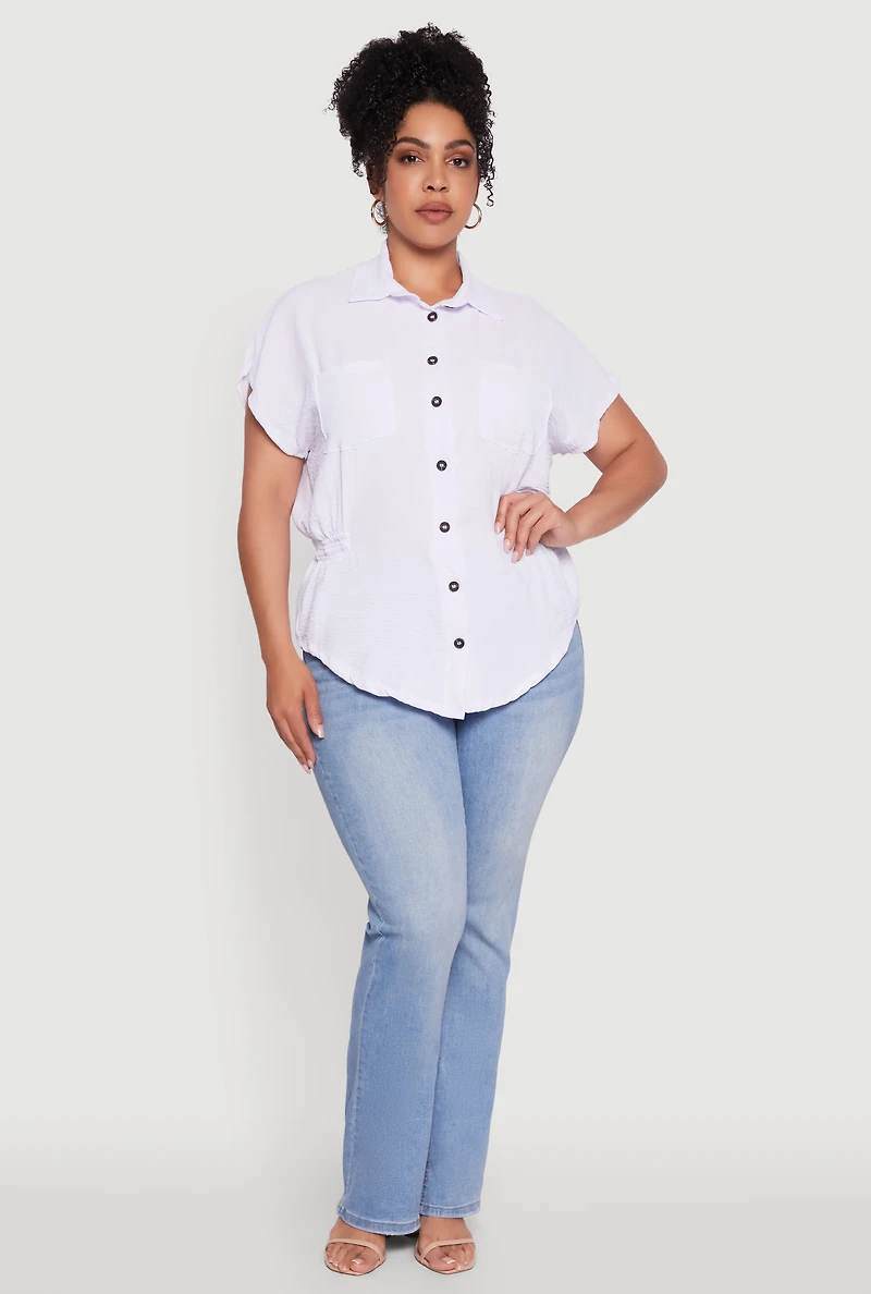 Womens Plus Size Crepe Knit Smocked Side Detail Shirt, White, Size 4X