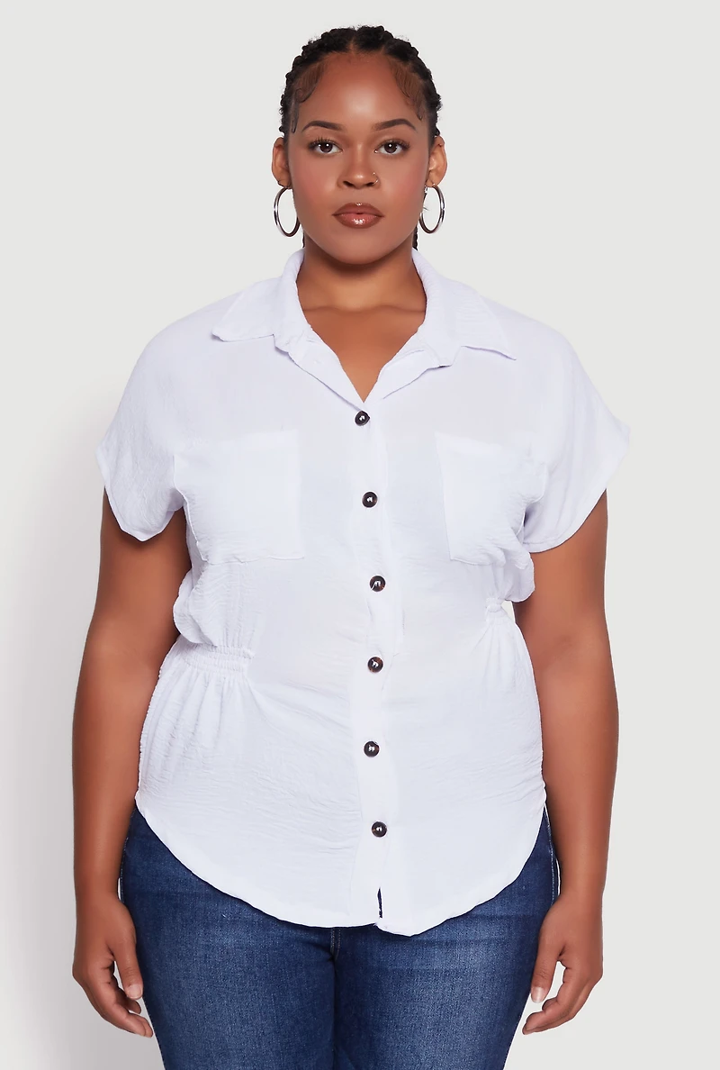 Womens Plus Size Crepe Knit Smocked Side Detail Shirt, White, Size 4X